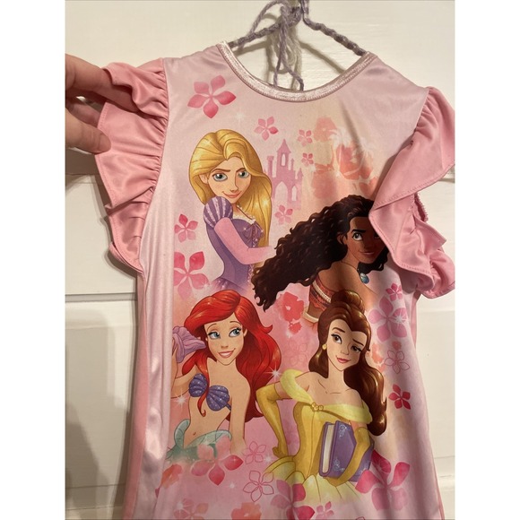 Disney Princesses Sleep Nightgown 5T Pink Ruffle Shoulders Belle Ariel Moana Rap - Picture 2 of 5